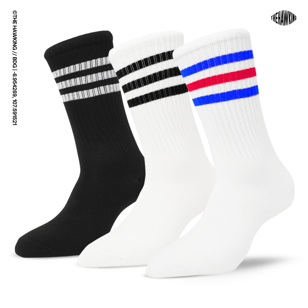 THE HAWKING - Kaos Kaki Oldschool Unisex Mid Calf Motif Three-Stripes Series